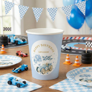 Race Car Blue Watercolor Boy First Birthday  Paper Cups