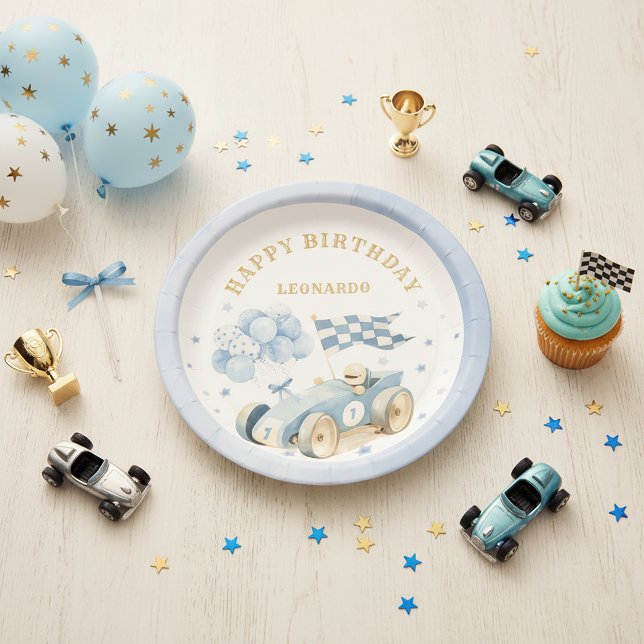 Race Car Blue Watercolor Boy First Birthday  Paper Plate (Creator Uploaded)