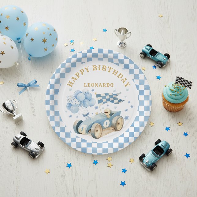 Race Car Blue Watercolor Boy First Birthday  Paper Plate (Creator Uploaded)