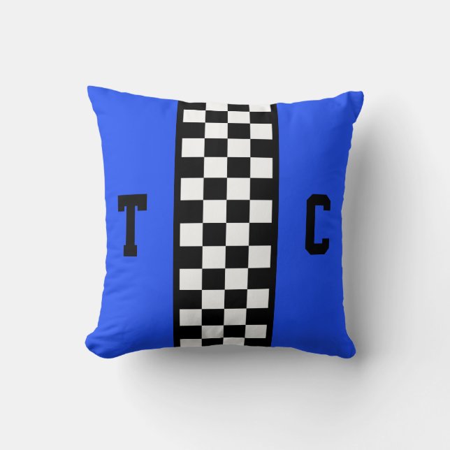 Race Car Chequered Pattern Bright Blue Monogrammed Cushion (Front)