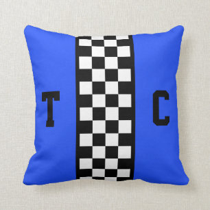 Race Car Chequered Pattern Bright Blue Monogrammed Cushion
