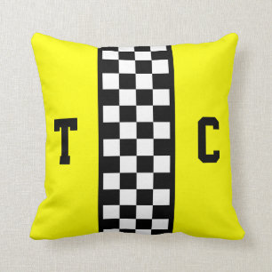 Race Car Chequered Pattern Yellow Monogrammed Cushion