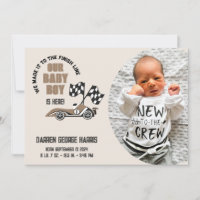 Race Car Crew Baby Boy Birth Announcement