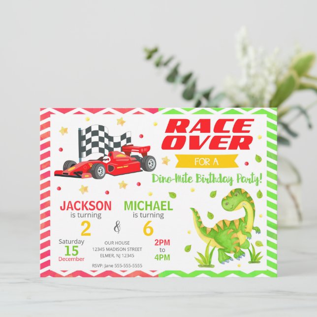 Race Car & Dinosaur Joint Birthday Invitation (Standing Front)