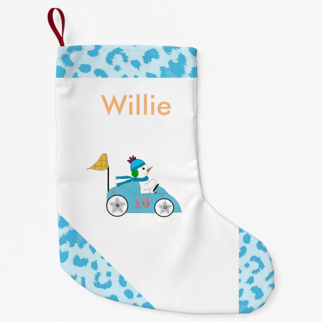 Race Car Driver Snowman Small Christmas Stocking (Front)