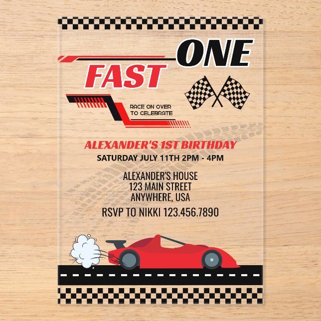 Race Car First Birthday Party Invite for Boys Acrylic Invitations (Front)