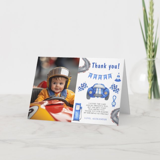 Race Car First Birthday Party Thank you Card (Front)