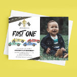 Race Car First Birthday Photo Invitation<br><div class="desc">Boys racing car 1st birthday invitations featuring a simple white background,  a photo of the child,  4 watercolor race cars,  roads,  chequered flags,  a trophy,  and a fast one celebration template that is easy to customise.</div>