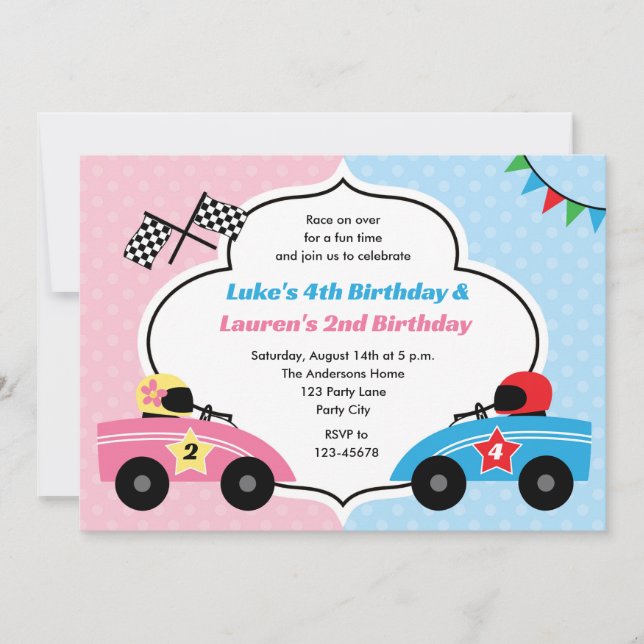 Race Car Invitations - Twins Birthday Boy Girl (Front)
