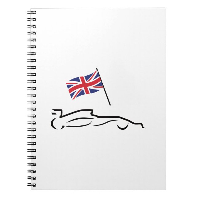 Race Car Line Drawing with British Flag Notebook (Front)