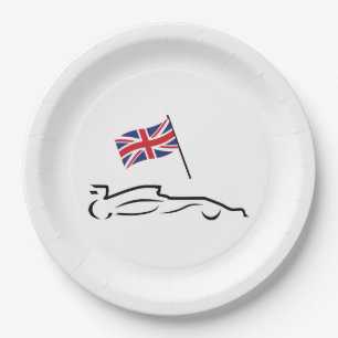Race Car Line Drawing with British Flag Paper Plate