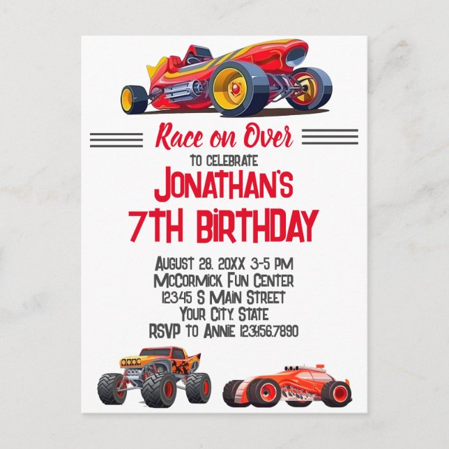 Race Car Monster Truck Cars Racing Birthday Postcard (Front)