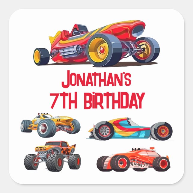Race Car Monster Truck Cars Racing Birthday Square Sticker (Front)