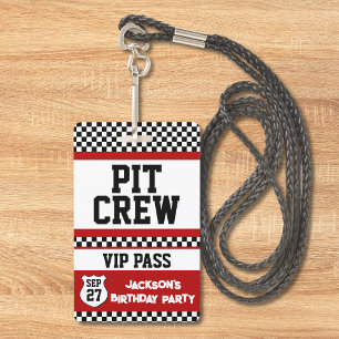 Race Car Pit Crew VIP Pass Kids Birthday ID Badge