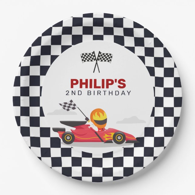 Race Car Race Birthday Party Chequered Paper Plate (Front)