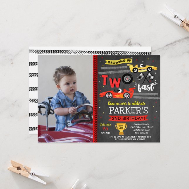 Race Car Racing Two Fast 2nd Birthday Invitations (Front/Back In Situ)
