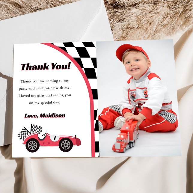 Race Car Red Birthday Party Photo Thank You Card (Creator Uploaded)