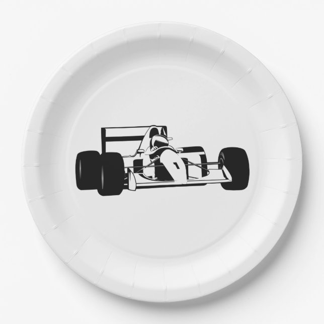 Race Car Silhouette black and white Paper Plate (Front)