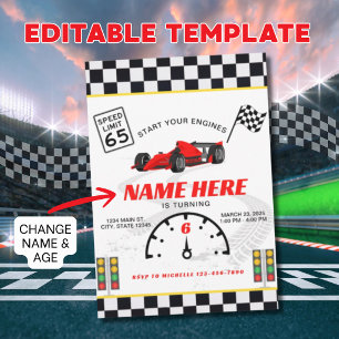 Race Car Speedway Chequered  Birthday  Invitation