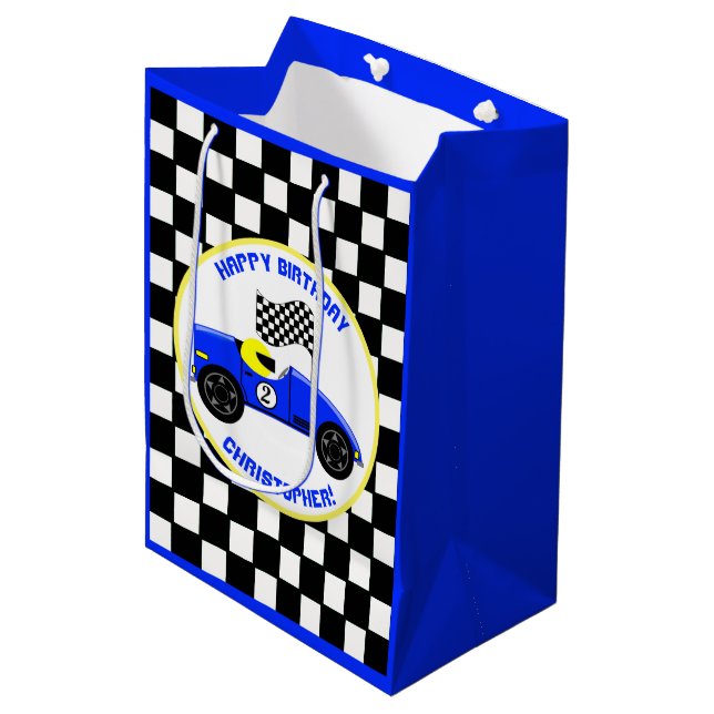Race Car Theme Birthday Party Personalised Medium Gift Bag (Front Angled)