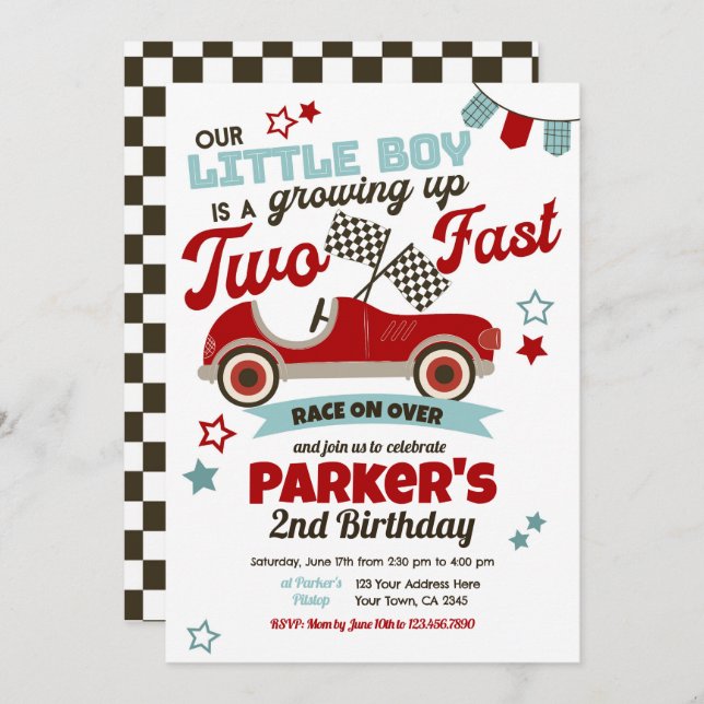 Race Car Themed Party Invitation for 2nd Birthday (Front/Back)