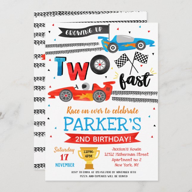 Race Car Two Fast 2nd Birthday Party Invitations  (Front/Back)