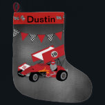 Race Car with Chequered Flags Large Christmas Stocking<br><div class="desc">Personalise this stocking by adding a name to this sprint car racing stocking with chequered flags and chalkboard background.</div>