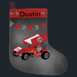 Race Car with Chequered Flags Large Christmas Stocking<br><div class="desc">Personalise this stocking by adding a name to this sprint car racing stocking with chequered flags and chalkboard background.</div>