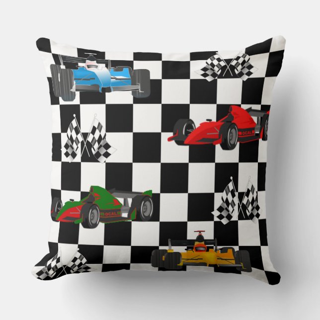 Race Cars Racing Flags and Chequered Pattern Cushion (Front)