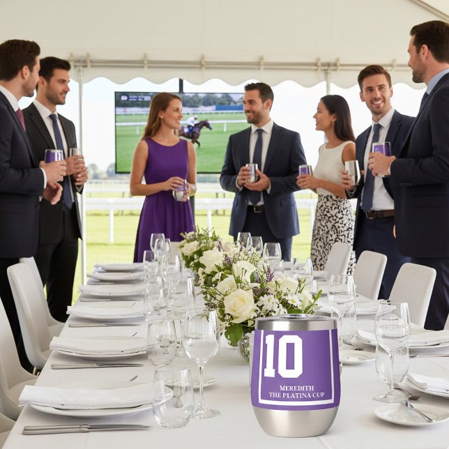 Race Horse 10 Purple Personalised Derby (Custom saddle cloth wine tumbler for your horse racing party. Purple is traditional for number 10.)