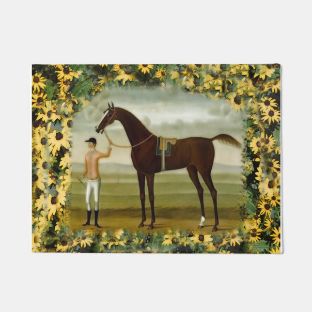 Race horse and jockey black eyed susan flowers mat (Front)