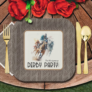 Race Horses Derby Party Brown Square Paper Plate