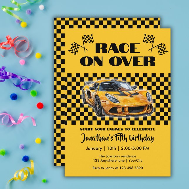 Race On Over Any Age Birthday Yellow Sports Car Invitation (Creator Uploaded)
