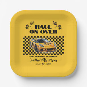 Race On Over Any Age Birthday Yellow Sports Car Paper Plate