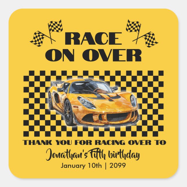 Race On Over Any Age Birthday Yellow Sports Car Square Sticker (Front)
