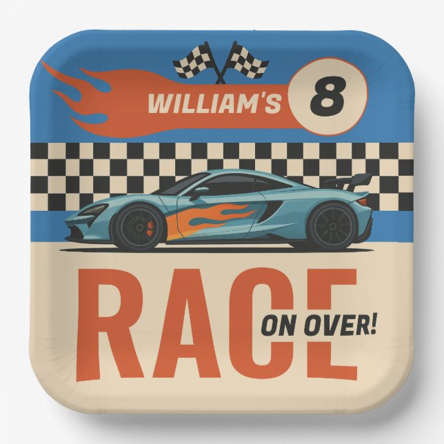 Race on Over Cool Car Race Boys Birthday Paper Plate (Front)
