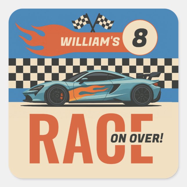 Race on Over Cool Car Race Boys Birthday Square Sticker (Front)