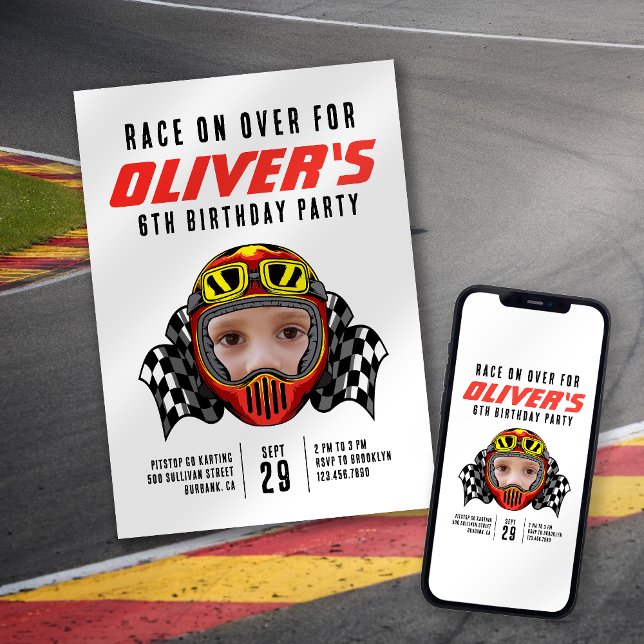 Race on Over Racing Helmet Photo Birthday Party Invitation (Creator Uploaded)