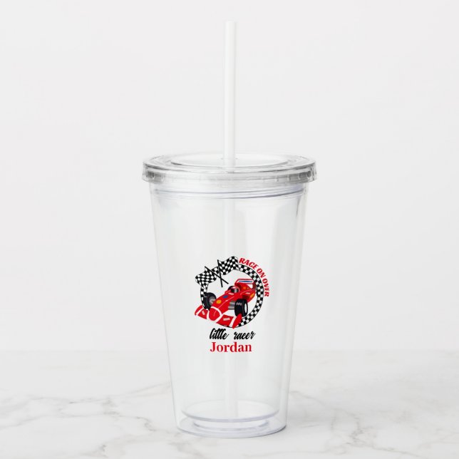 Race On Over Red Race Car Any Age Birthday Acrylic Tumbler (Front)