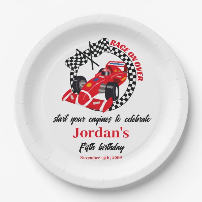 Race On Over Red Race Car Any Age Birthday Paper Plate (Front)