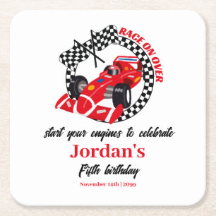 Race On Over Red Race Car Any Age Birthday Square Paper Coaster