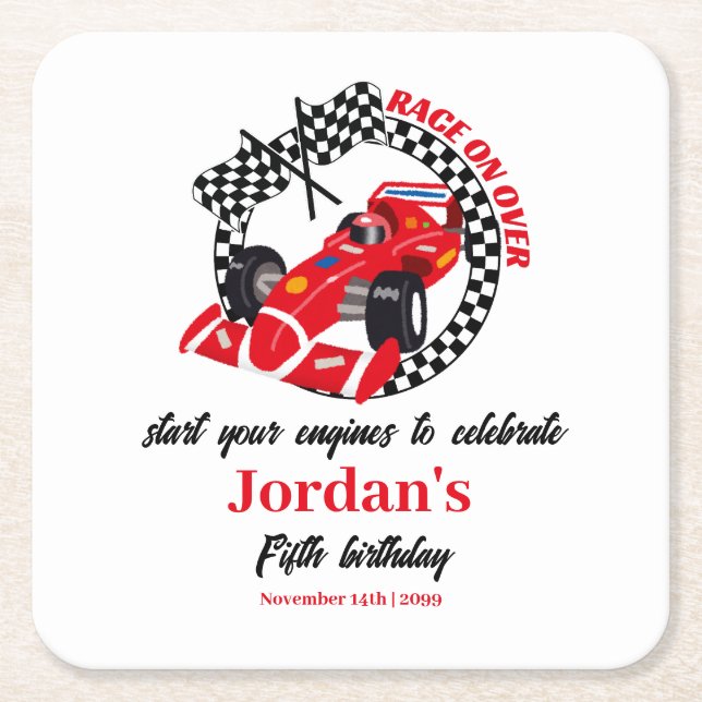 Race On Over Red Race Car Any Age Birthday Square Paper Coaster (Front)