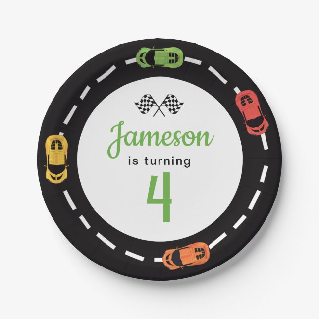 Race Track Boys 4th Birthday White Paper Plates (Front)
