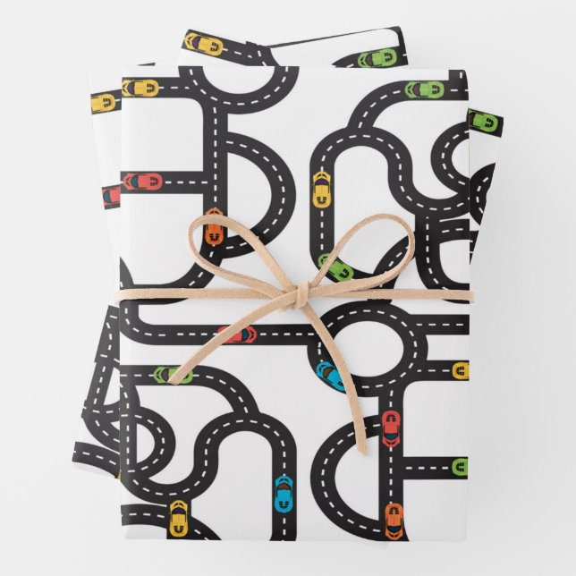 Race Track Boys Birthday White Wrapping Paper Sheet (In situ)
