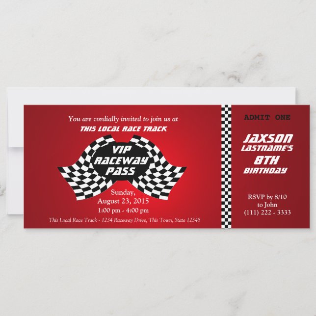 Race Track Pass Birthday Ticket Invitation (Front)