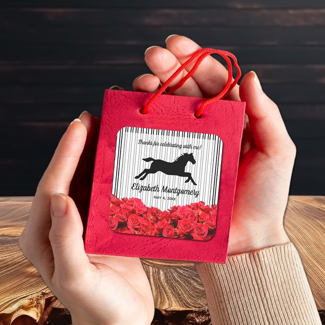 Racehorse and Red Roses Derby Bridal Shower Square Sticker (3" square stickers, perfect for bridal shower party favor bags and boxes.)