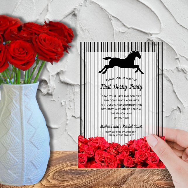 Racehorse and Roses Derby Party Acrylic Invitations (Derby race horse, red roses and stripes acrylic invitations - order clear or frosted)