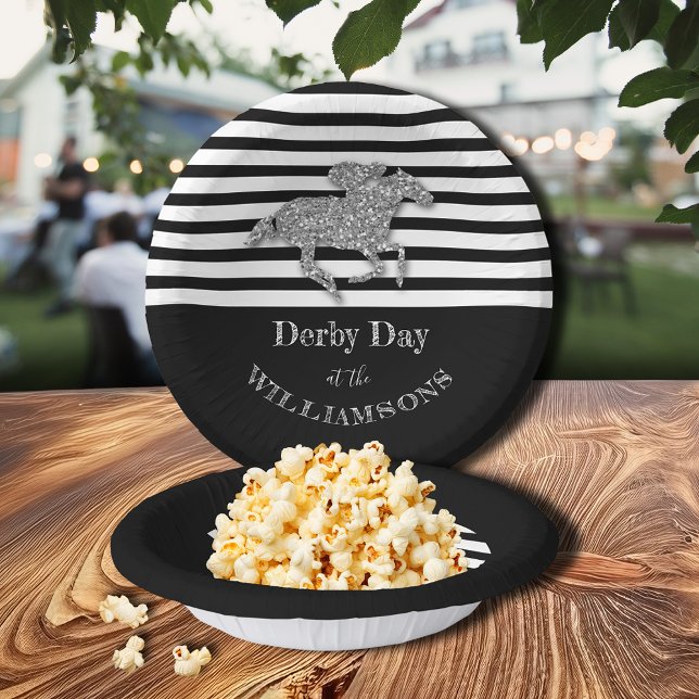 Racehorse on Black White Stripes Paper Plate (Racehorse on Black and White Stripes 7" Paper Bowls)