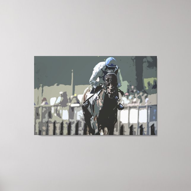 Racehorse With Jockey In Blue Canvas Print (Front)