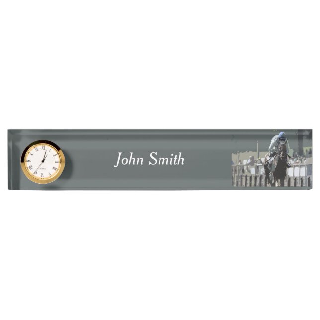 Racehorse With Jockey In Blue Desk Name Plate (Front)